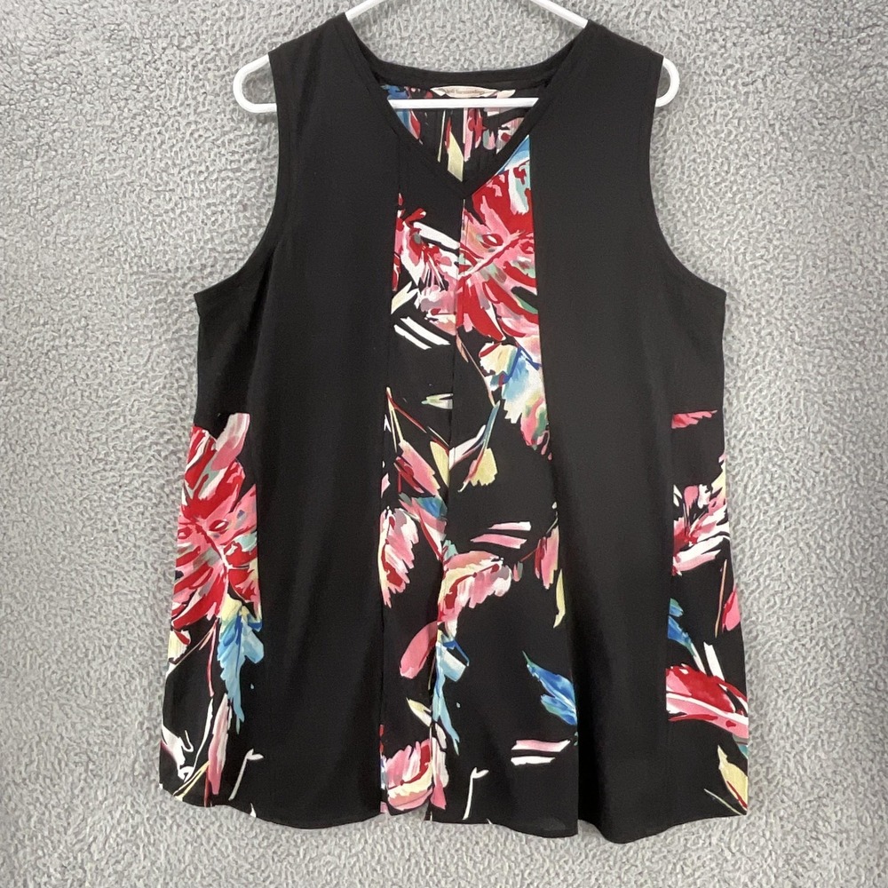 Soft Surroundings Blouse Womens XL Black Floral Pleated Tunic Sleeveless
